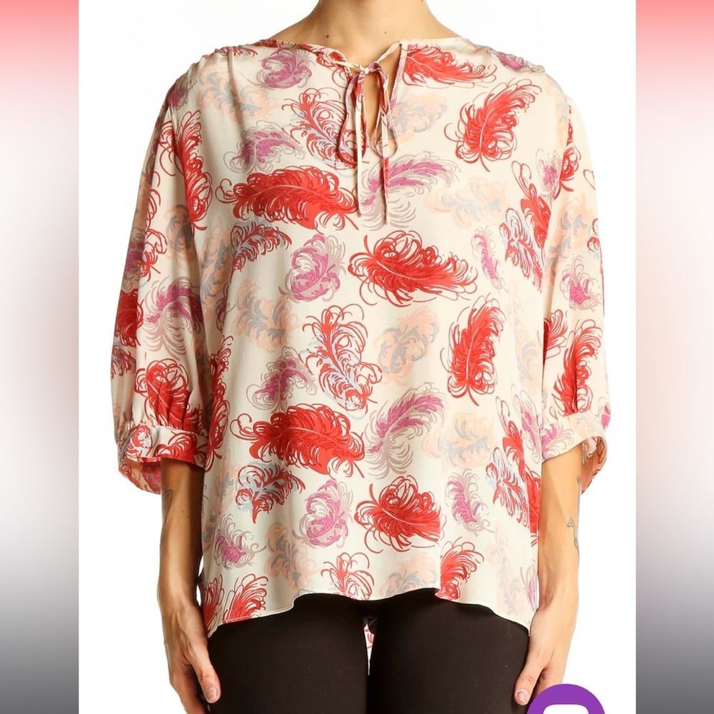 Tucker 100% Silk Feather Print Blouse S Boho Tie Neck Pink Red Designer Top
